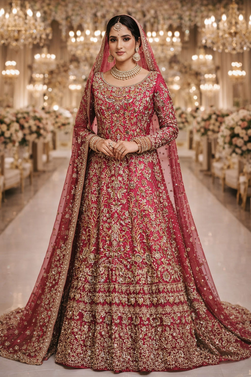 Woman in a traditional red and gold embroidered outfit in a decorated indoor setting.