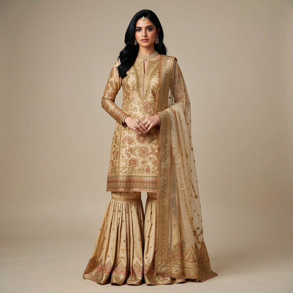 Woman wearing a traditional embroidered outfit with a plain background
